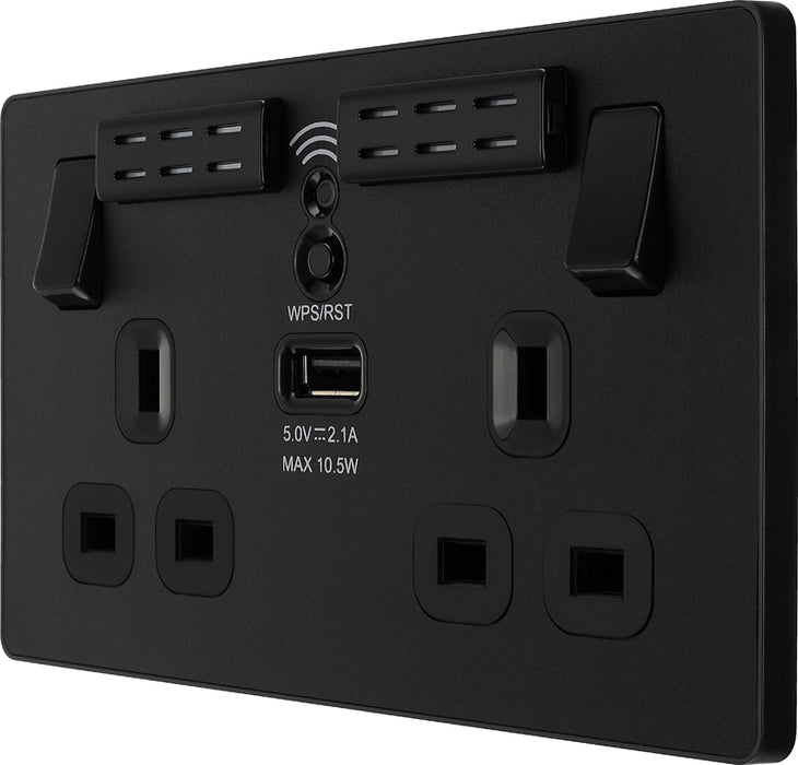 BG Evolve PCDMB22UWRB 13A Double Switched Power Socket + WiFi Extender + 1xUSB(2.1A) - Matt Black (Black) - westbasedirect.com
