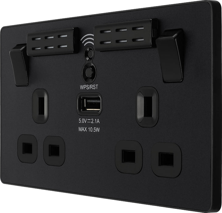 BG Evolve PCDMB22UWRB 13A Double Switched Power Socket + WiFi Extender + 1xUSB(2.1A) - Matt Black (Black) - westbasedirect.com