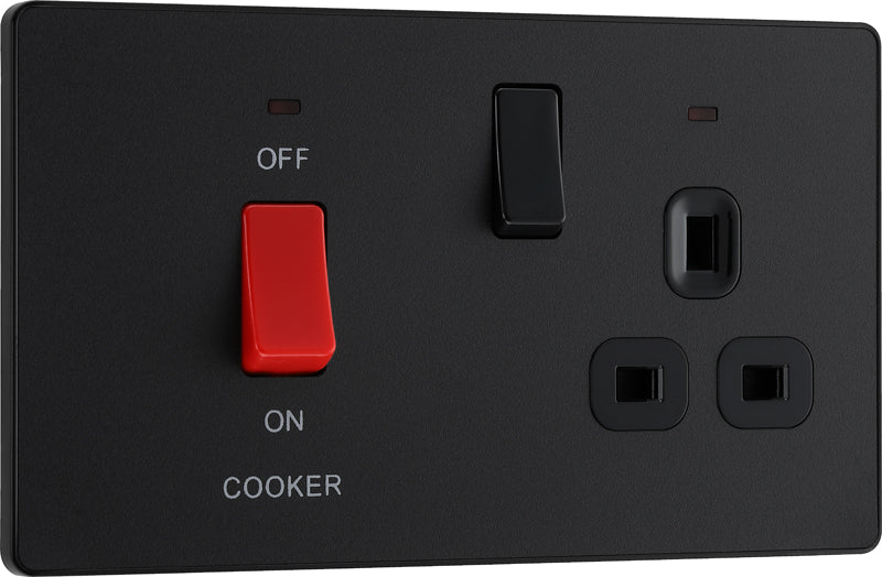 BG Evolve PCDMB70B 45A Cooker Control Socket, Double Pole Switch with LED Power Indicator - Matt Black (Black) - westbasedirect.com