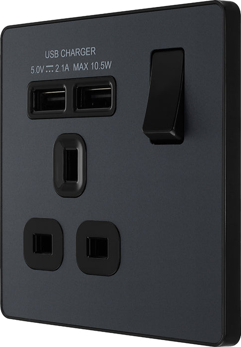BG Evolve PCDMG21U2B 13A Single Switched Power Socket + 2xUSB(2.1A) - Matt Grey (Black) - westbasedirect.com