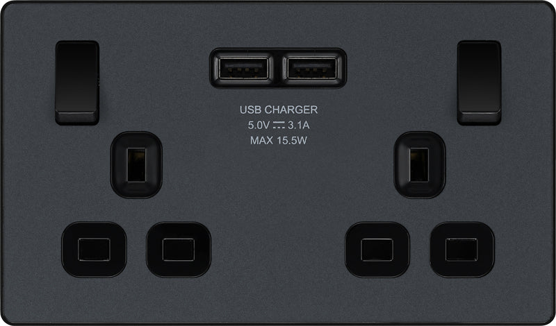 BG Evolve PCDMG22U3B 13A Double Switched Power Socket + 2xUSB(3.1A) - Matt Grey (Black) (5 Pack) - westbasedirect.com