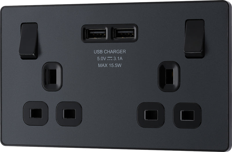 BG Evolve PCDMG22U3B 13A Double Switched Power Socket + 2xUSB(3.1A) - Matt Grey (Black) (5 Pack) - westbasedirect.com