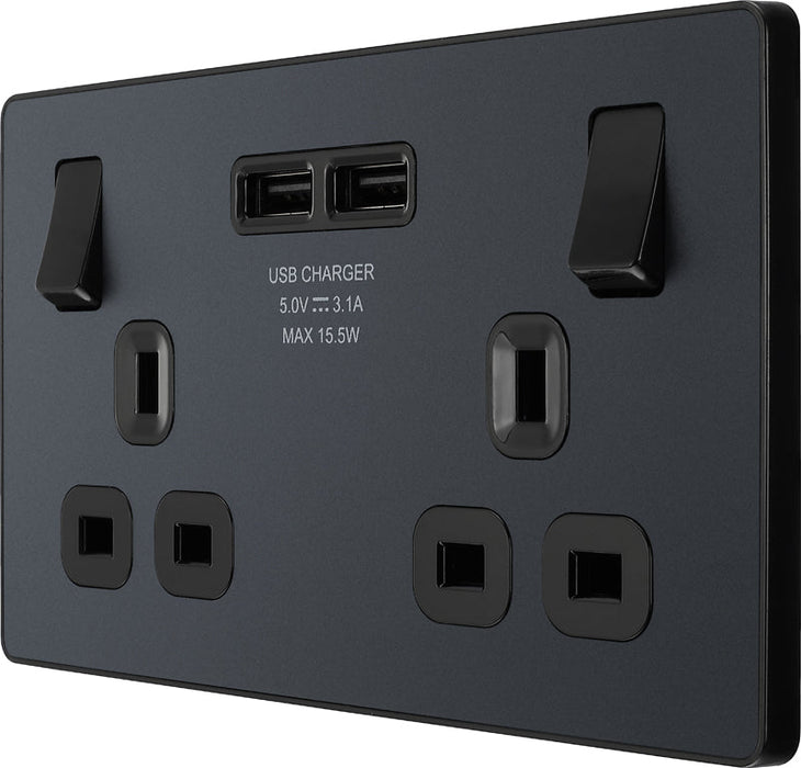 BG Evolve PCDMG22U3B 13A Double Switched Power Socket + 2xUSB(3.1A) - Matt Grey (Black) (5 Pack) - westbasedirect.com