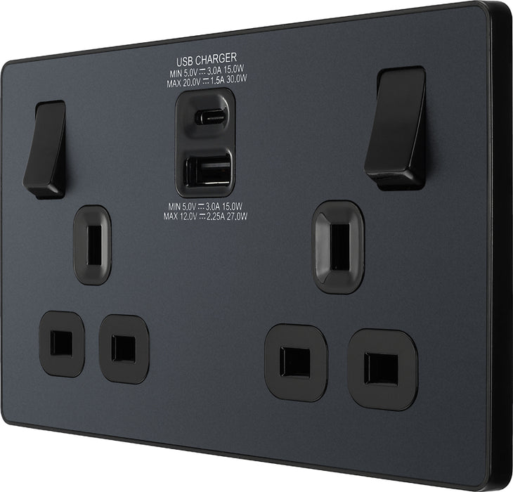 BG Evolve PCDMG22UAC30B 13A Double Switched Power Socket + USB C 30W + USB A(3.1A) - Matt Grey (Black) - westbasedirect.com