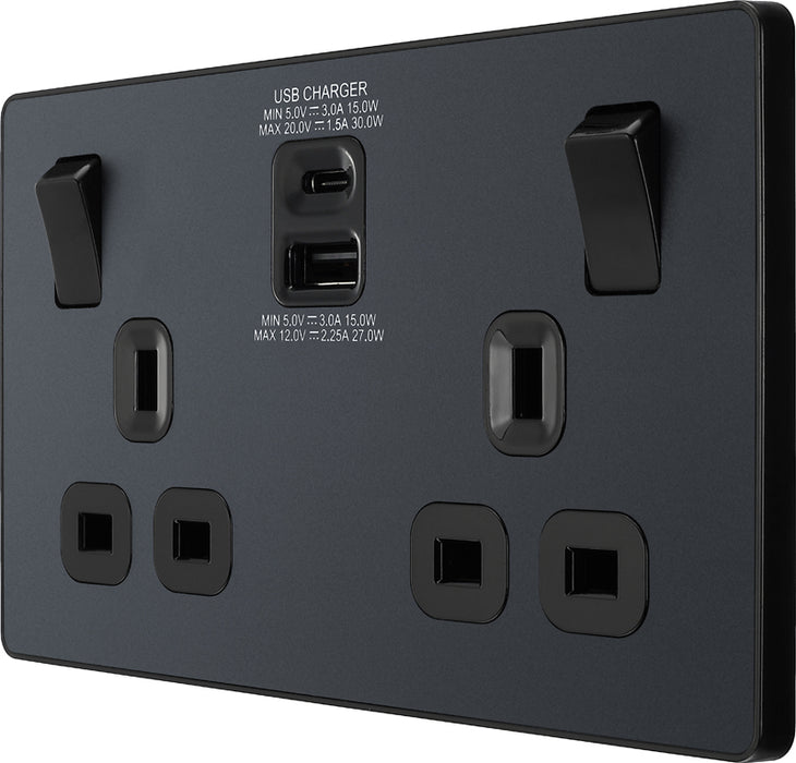 BG Evolve PCDMG22UAC30B 13A Double Switched Power Socket + USB C 30W + USB A(3.1A) - Matt Grey (Black) - westbasedirect.com