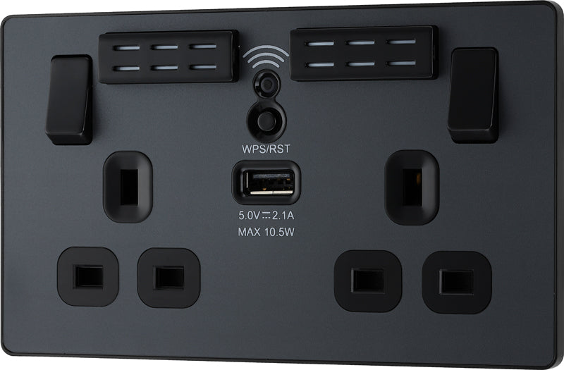 BG Evolve PCDMG22UWRB 13A Double Switched Power Socket + WiFi Extender + 1xUSB(2.1A) - Matt Grey (Black) - westbasedirect.com