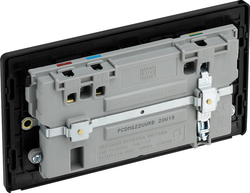 BG Evolve PCDMG22UWRB 13A Double Switched Power Socket + WiFi Extender + 1xUSB(2.1A) - Matt Grey (Black) - westbasedirect.com
