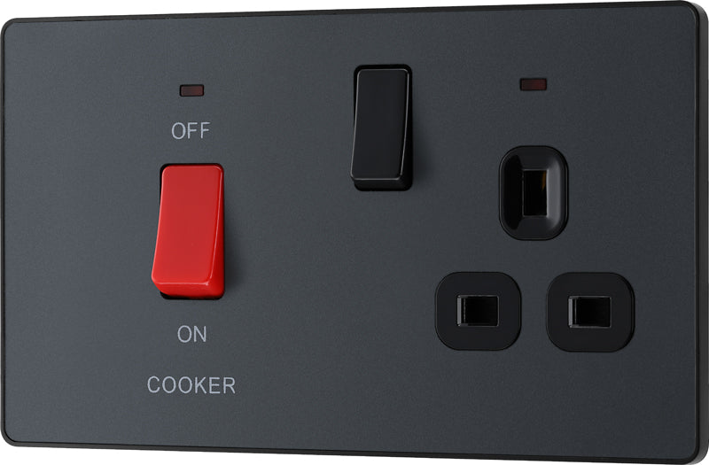 BG Evolve PCDMG70B 45A Cooker Control Socket, Double Pole Switch with LED Power Indicator - Matt Grey (Black) - westbasedirect.com