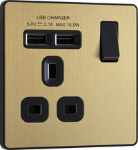 BG Evolve PCDSB21U2B 13A Single Switched Power Socket + 2xUSB(2.1A) - Satin Brass (Black)
