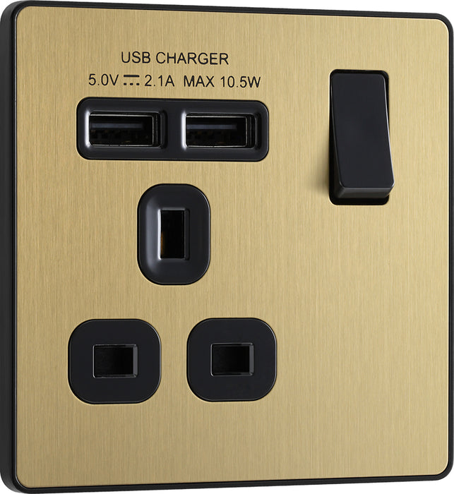 BG Evolve PCDSB21U2B 13A Single Switched Power Socket + 2xUSB(2.1A) - Satin Brass (Black) - westbasedirect.com