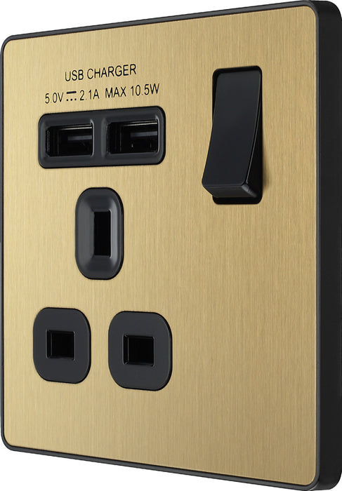 BG Evolve PCDSB21U2B 13A Single Switched Power Socket + 2xUSB(2.1A) - Satin Brass (Black) - westbasedirect.com