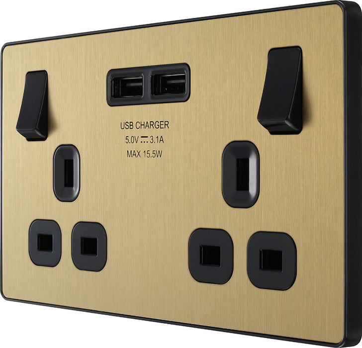 BG Evolve PCDSB22U3B 13A Double Switched Power Socket + 2xUSB(3.1A) - Satin Brass (Black) - westbasedirect.com