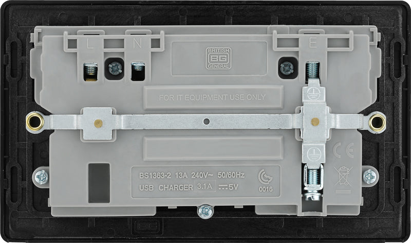 BG Evolve PCDSB22U3B 13A Double Switched Power Socket + 2xUSB(3.1A) - Satin Brass (Black) - westbasedirect.com