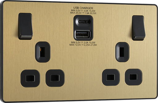 BG Evolve PCDSB22UAC30B 13A Double Switched Power Socket + USB C 30W + USB A(3.1A) - Satin Brass (Black) - westbasedirect.com