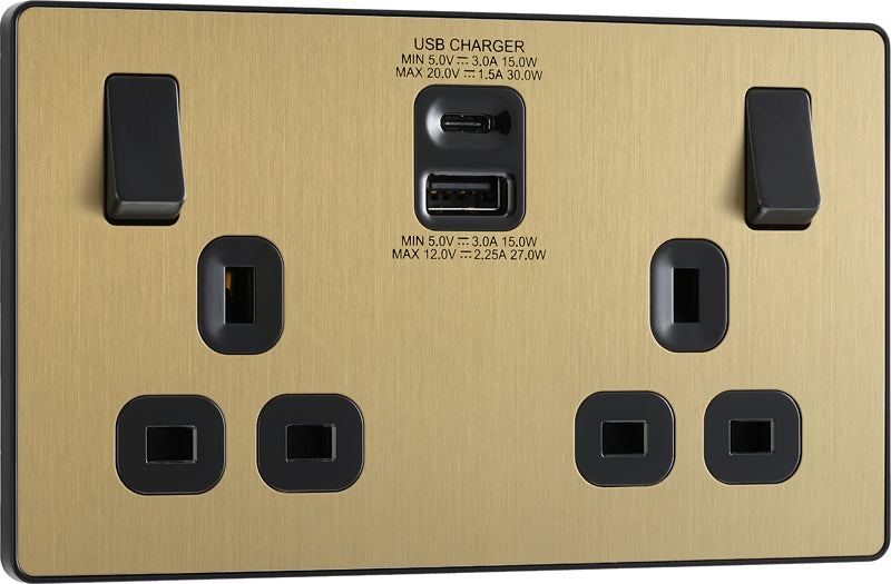 BG Evolve PCDSB22UAC30B 13A Double Switched Power Socket + USB C 30W + USB A(3.1A) - Satin Brass (Black) - westbasedirect.com