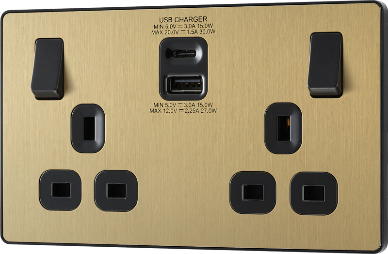 BG Evolve PCDSB22UAC30B 13A Double Switched Power Socket + USB C 30W + USB A(3.1A) - Satin Brass (Black) - westbasedirect.com