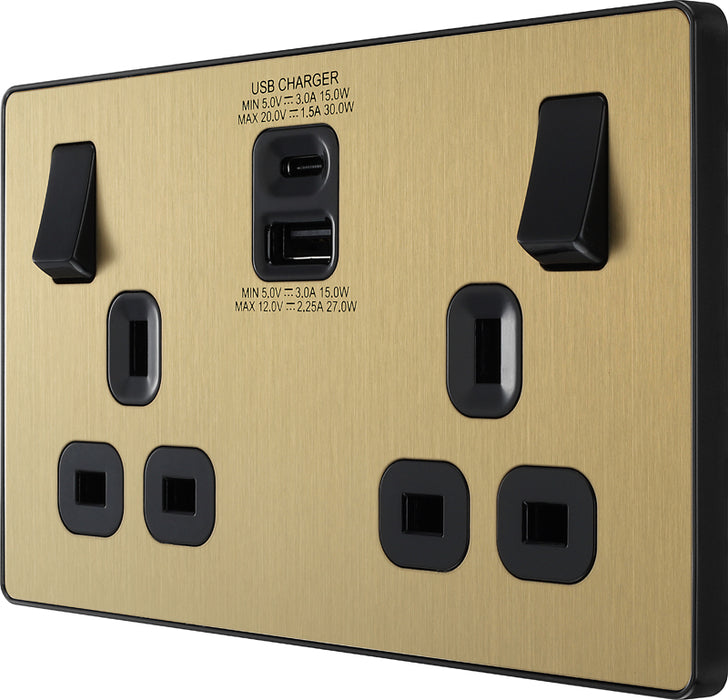 BG Evolve PCDSB22UAC30B 13A Double Switched Power Socket + USB C 30W + USB A(3.1A) - Satin Brass (Black) - westbasedirect.com