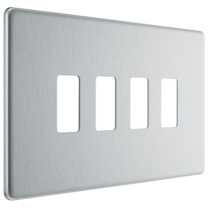 BG RFBS4 Flatplate Screwless 4G Grid Front Plate - Brushed Steel - westbasedirect.com