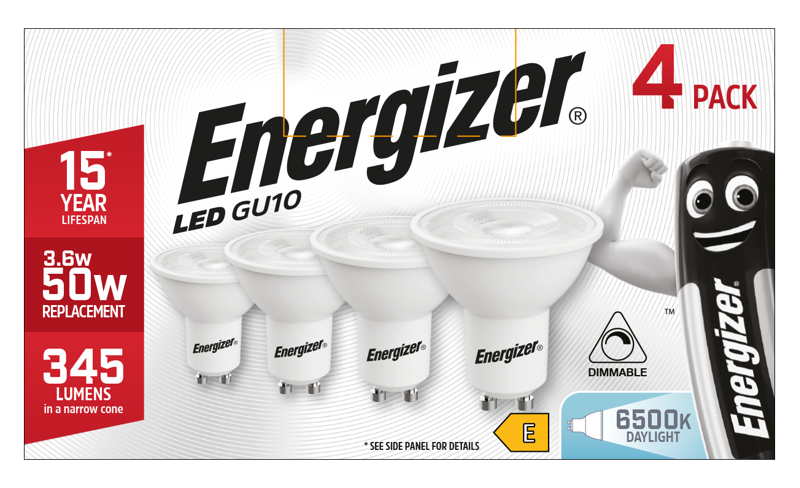 Energizer 4.6W 375lm GU10 LED Bulb Daylight 6500K Dimmable (4 Pack) - westbasedirect.com