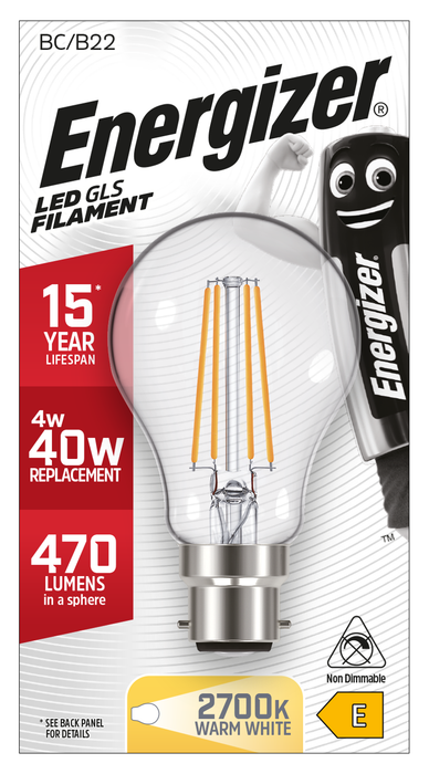 Energizer 4W 470lm B22 BC GLS Filament LED Bulb Warm White 2700K - westbasedirect.com
