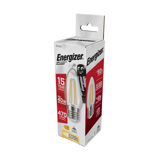Energizer 4W 470lm E27 ES Candle Filament LED Bulb Warm White 2700K - westbasedirect.com