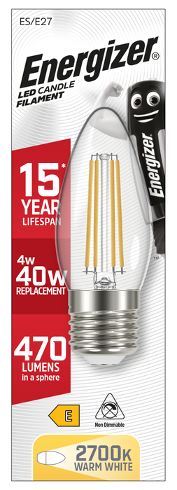 Energizer 4W 470lm E27 ES Candle Filament LED Bulb Warm White 2700K - westbasedirect.com