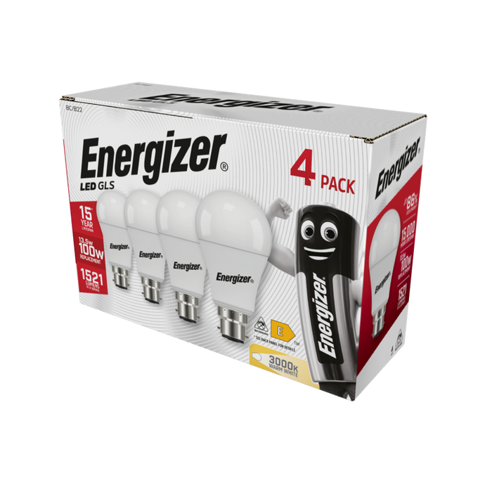 Energizer 13.2W 1521lm B22 BC GLS LED Bulb Opal Warm White 3000K (4 Pack) - westbasedirect.com