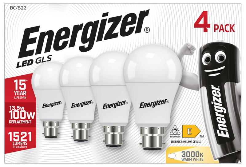 Energizer 13.2W 1521lm B22 BC GLS LED Bulb Opal Warm White 3000K (4 Pack) - westbasedirect.com