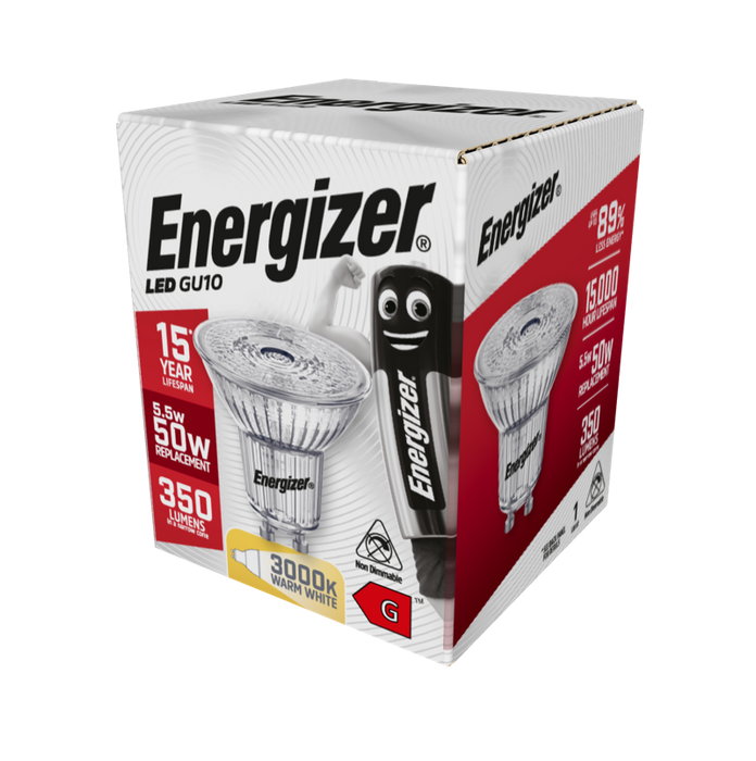 Energizer 5.5W 375lm GU10 Spotlight LED Bulb Full Glass Warm White 3000K Dimmable - westbasedirect.com