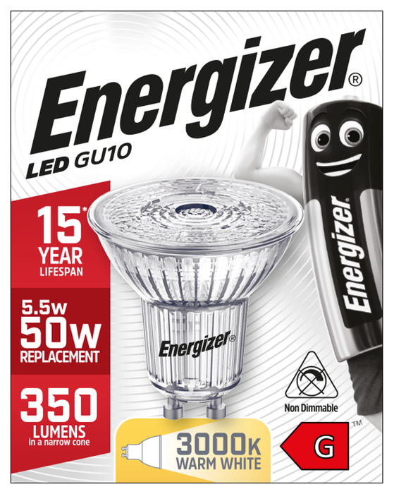 Energizer 5.5W 375lm GU10 Spotlight LED Bulb Full Glass Warm White 3000K Dimmable - westbasedirect.com