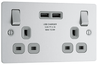 BG SBS22U3G Flatplate Screwed 13A Double Socket + 2x USB(3.1A) - Grey Insert - Brushed Steel