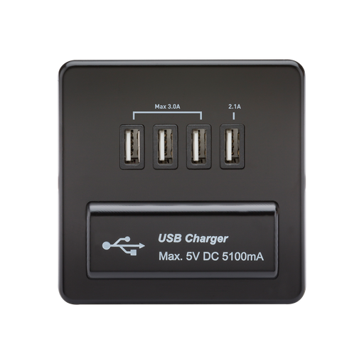 Knightsbridge SFQUADMB Screwless Quad USB Charger Outlet (5.1A) - Matt Black + Black Insert - westbasedirect.com