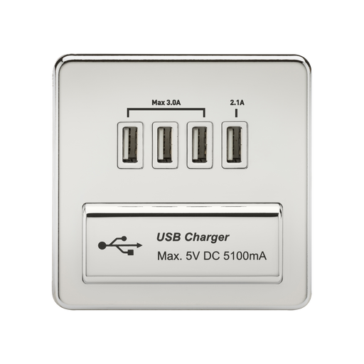 Knightsbridge SFQUADPCW Screwless Quad USB Charger Outlet 5.1A - Polished Chrome + White Insert - westbasedirect.com