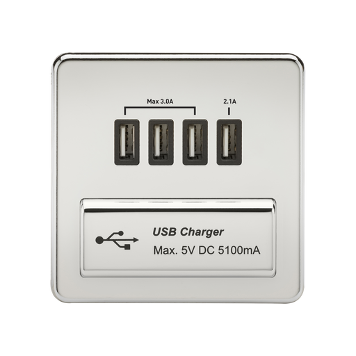 Knightsbridge SFQUADPC Screwless Quad USB Charger Outlet 5.1A - Polished Chrome + Black Insert - westbasedirect.com