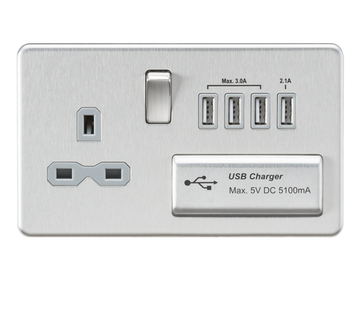 Knightsbridge SFR7USB4BCG Screwless 13A Switched Socket + 4xUSB (5.1A) - Brushed Chrome + Grey Insert - westbasedirect.com