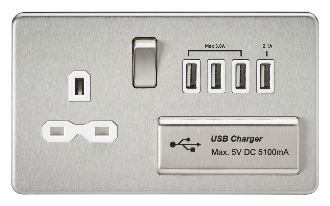 Knightsbridge SFR7USB4BCW Screwless 13A Switched Socket + 4xUSB (5.1A) - Brushed Chrome + White Insert - westbasedirect.com