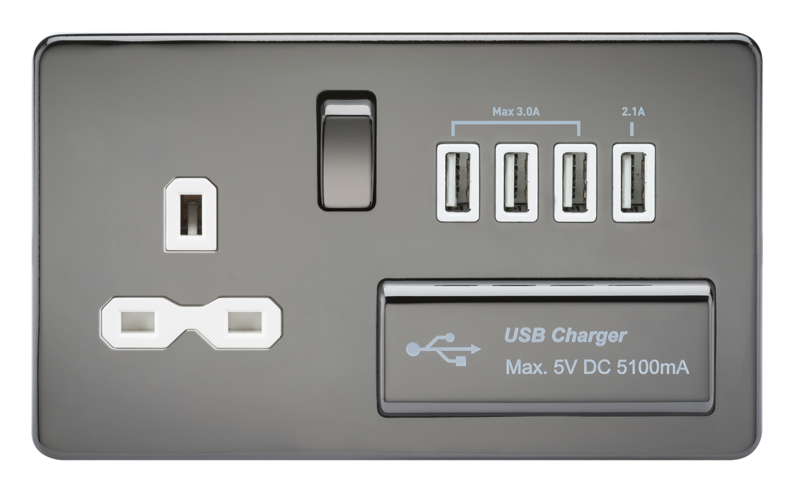 Knightsbridge SFR7USB4BNW Screwless 13A Switched Socket + 4xUSB (5.1A) - Black Nickel + White Insert - westbasedirect.com