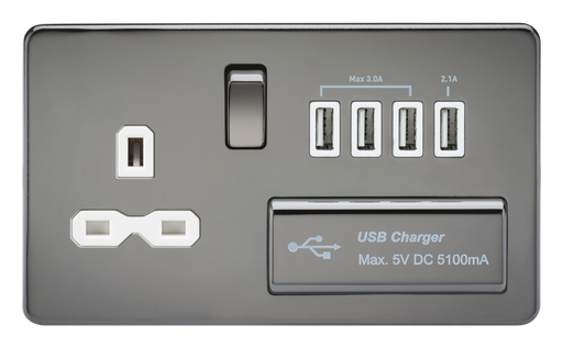 Knightsbridge SFR7USB4BNW Screwless 13A Switched Socket + 4xUSB (5.1A) - Black Nickel + White Insert - westbasedirect.com