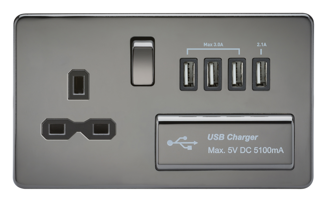 Knightsbridge SFR7USB4BN Screwless 13A Switched Socket + 4xUSB (5.1A) - Black Nickel + Black Insert - westbasedirect.com