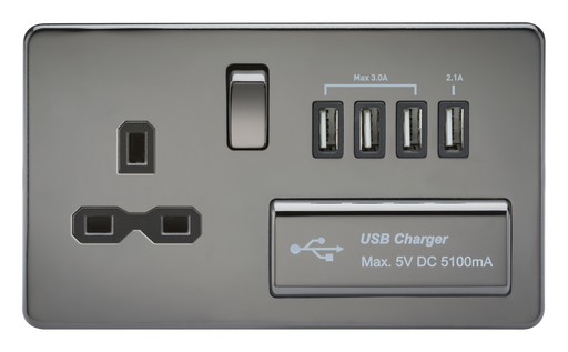 Knightsbridge SFR7USB4BN Screwless 13A Switched Socket + 4xUSB (5.1A) - Black Nickel + Black Insert - westbasedirect.com