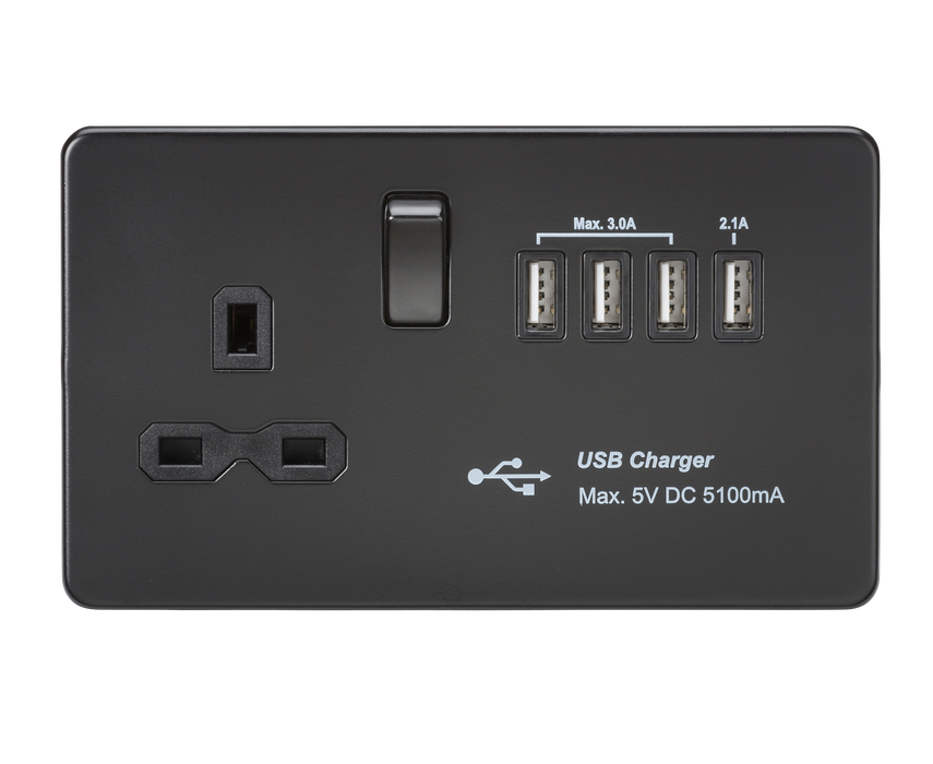 Knightsbridge SFR7USB4MBB Screwless 13A Switch Socket + 4xUSB 5.1A - Matt Black + Black Rockers - westbasedirect.com