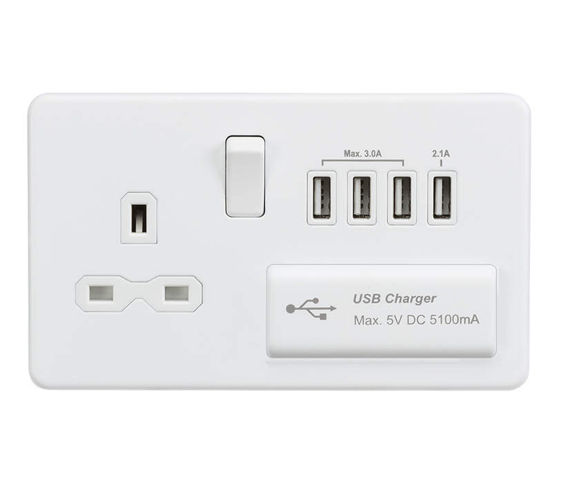 Knightsbridge SFR7USB4MW Screwless 13A Switched Socket + 4xUSB (5.1A) - Matt White - westbasedirect.com