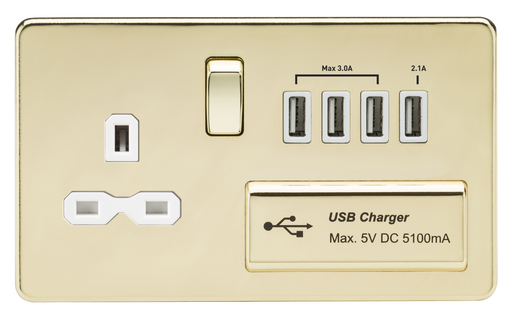 Knightsbridge SFR7USB4PBW Screwless 13A Switched Socket + 4xUSB 5.1A - Polished Brass + White Insert - westbasedirect.com