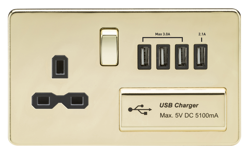 Knightsbridge SFR7USB4PB Screwless 13A Switched Socket + 4xUSB 5.1A - Polished Brass + Black Insert - westbasedirect.com