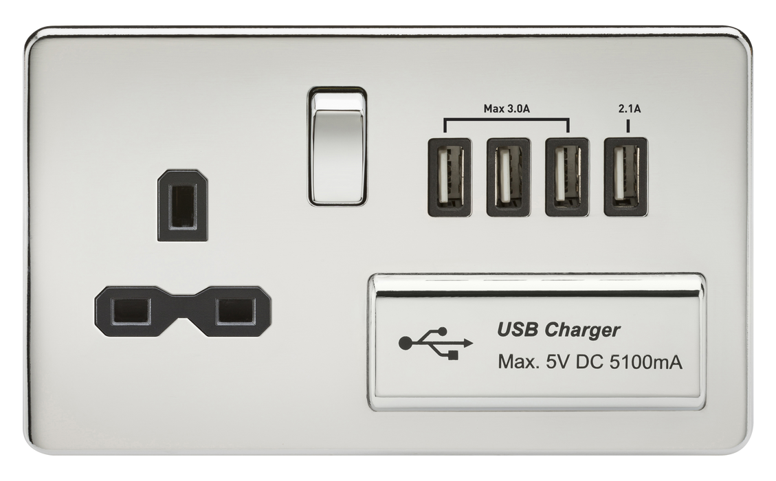 Knightsbridge SFR7USB4PC Screwless 13A Switch Socket + 4xUSB 5.1A - Polished Chrome + Black Insert - westbasedirect.com