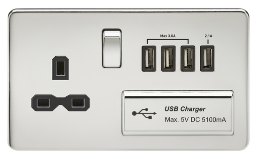Knightsbridge SFR7USB4PC Screwless 13A Switch Socket + 4xUSB 5.1A - Polished Chrome + Black Insert - westbasedirect.com