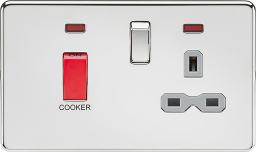 Knightsbridge SFR8333NPCG Screwless 45A DP Cooker Switch + 13A Socket + Neons - Polished Chrome + Grey Insert - westbasedirect.com