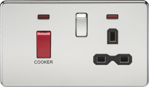 Knightsbridge SFR8333NPC Screwless 45A DP Cooker Switch + 13A Socket + Neons - Polished Chrome + Black Insert - westbasedirect.com
