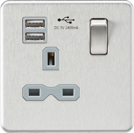 Knightsbridge SFR9124BCG Screwless 13A 1G Switched Socket + 2xUSB (2.4A) - Brushed Chrome + Grey Insert - westbasedirect.com