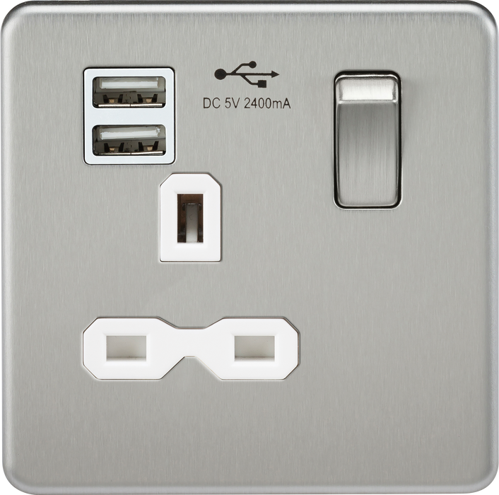 Knightsbridge SFR9124BCW Screwless 13A 1G Switched Socket + 2xUSB (2.4A) - Brushed Chrome + White Insert - westbasedirect.com